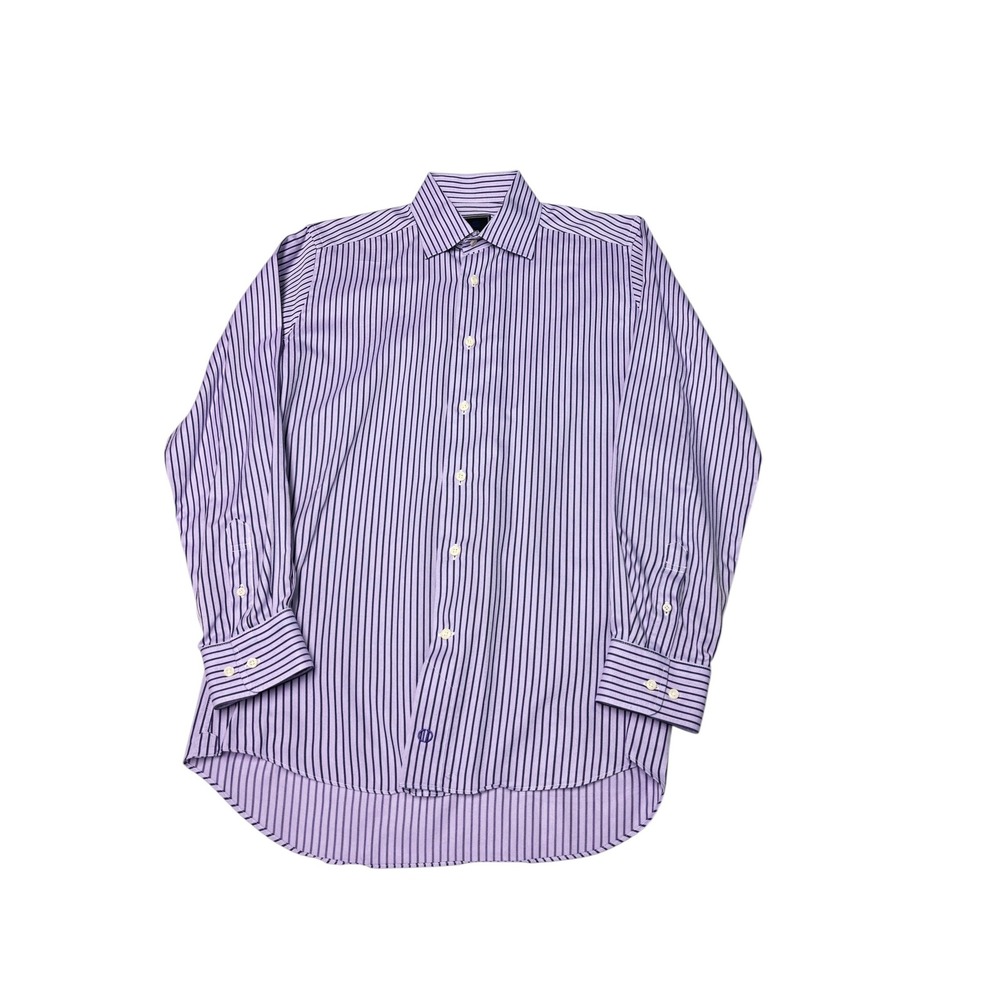David Donahue Mens Trim Fit Purple Striped Dress Shirt 15.5 34/35 Cotton